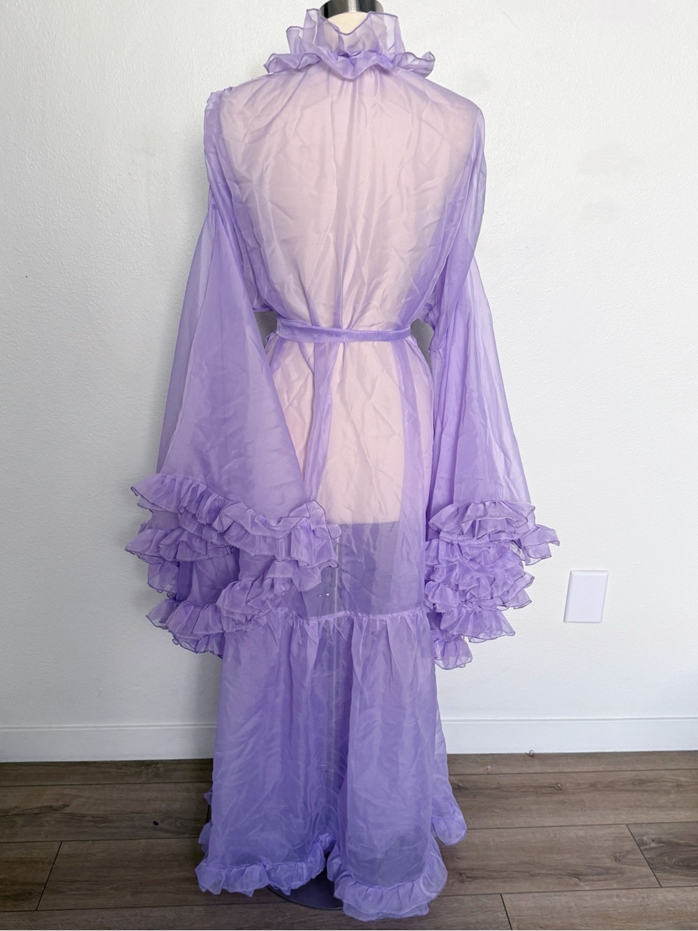 Vintage 70s Sheer Lavender Ruffle Peignoir Maxi Robe Bell Sleeve - Picture 3 of 9
